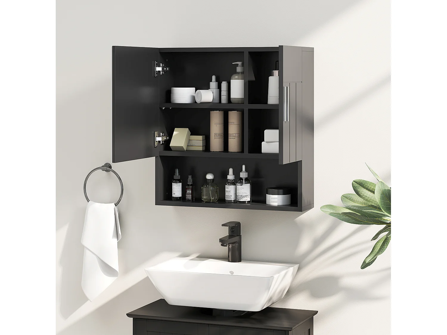 Specchiera bagno in legno a 2 ante con ripiano aperto nero