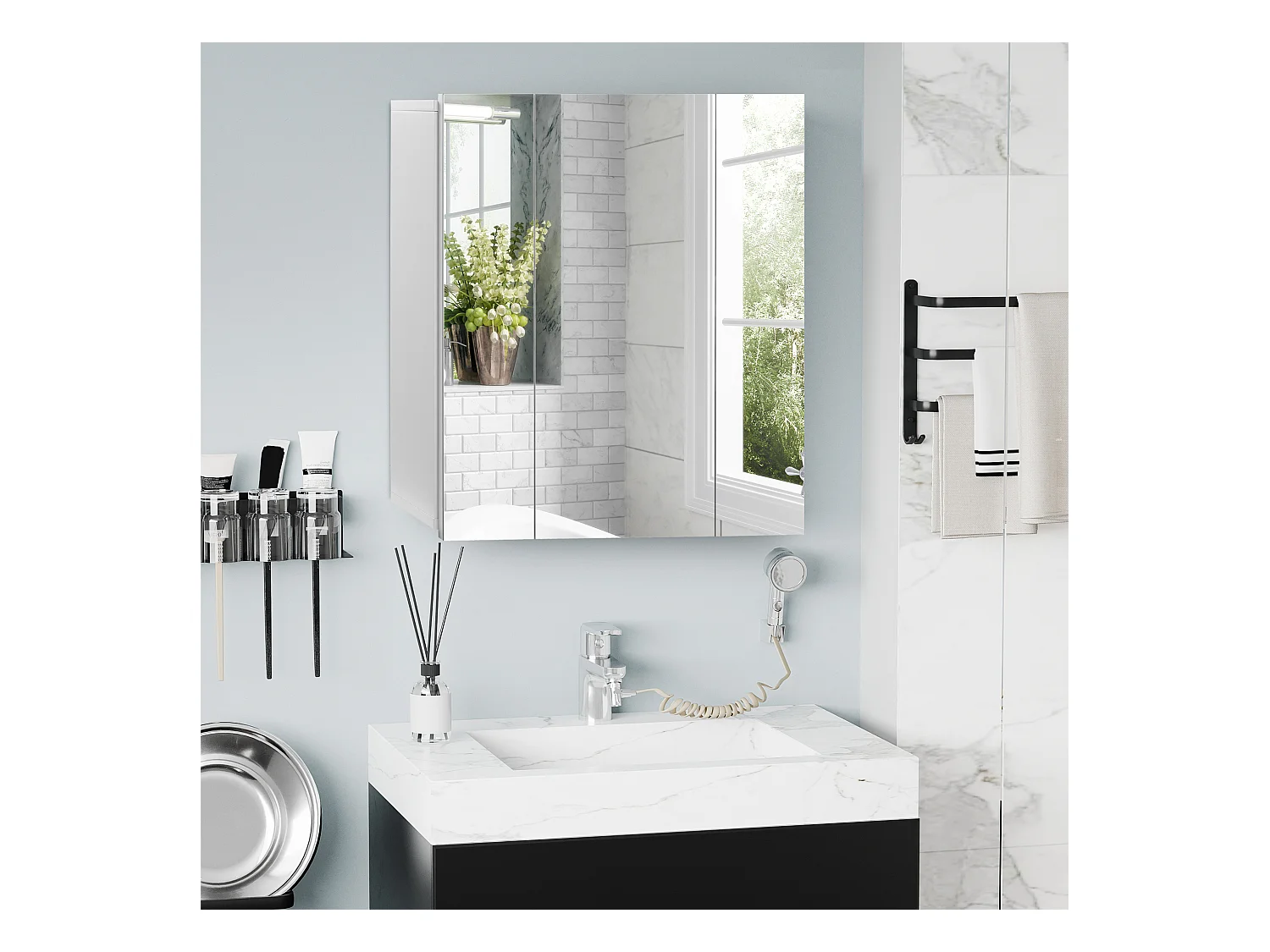 Armadietto bagno con 3 ante specchiate 70x15x60cm bianco