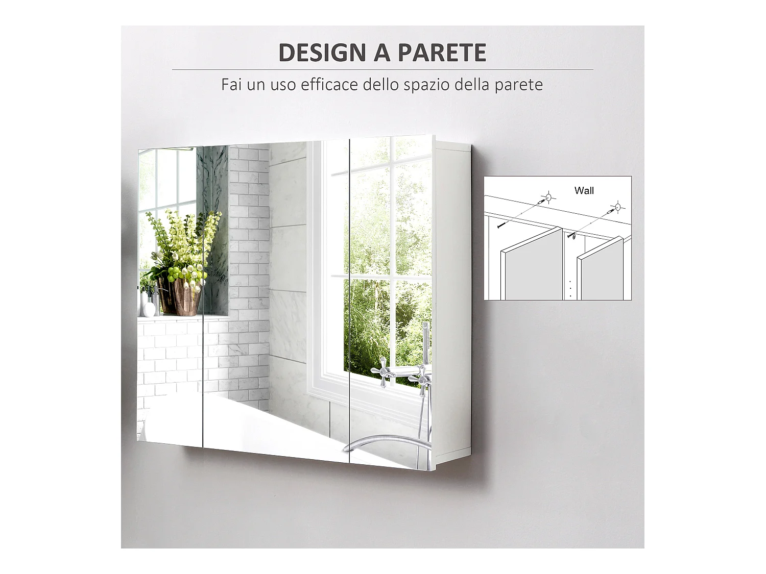 Armadietto bagno con 3 ante specchiate 70x15x60cm bianco