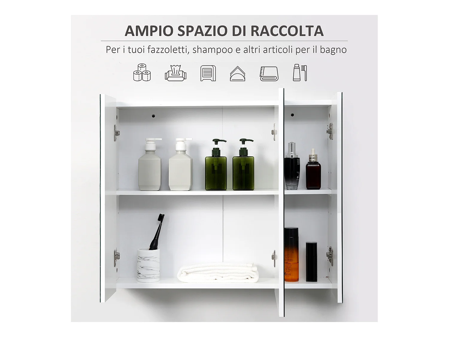 Armadietto bagno con 3 ante specchiate 70x15x60cm bianco