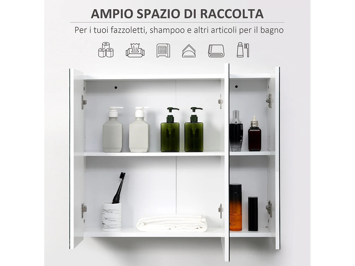 Armadietto bagno con 3 ante specchiate 70x15x60cm bianco