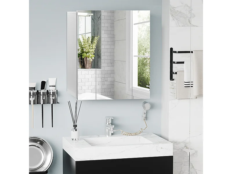 Armadietto bagno con 3 ante specchiate 70x15x60cm bianco