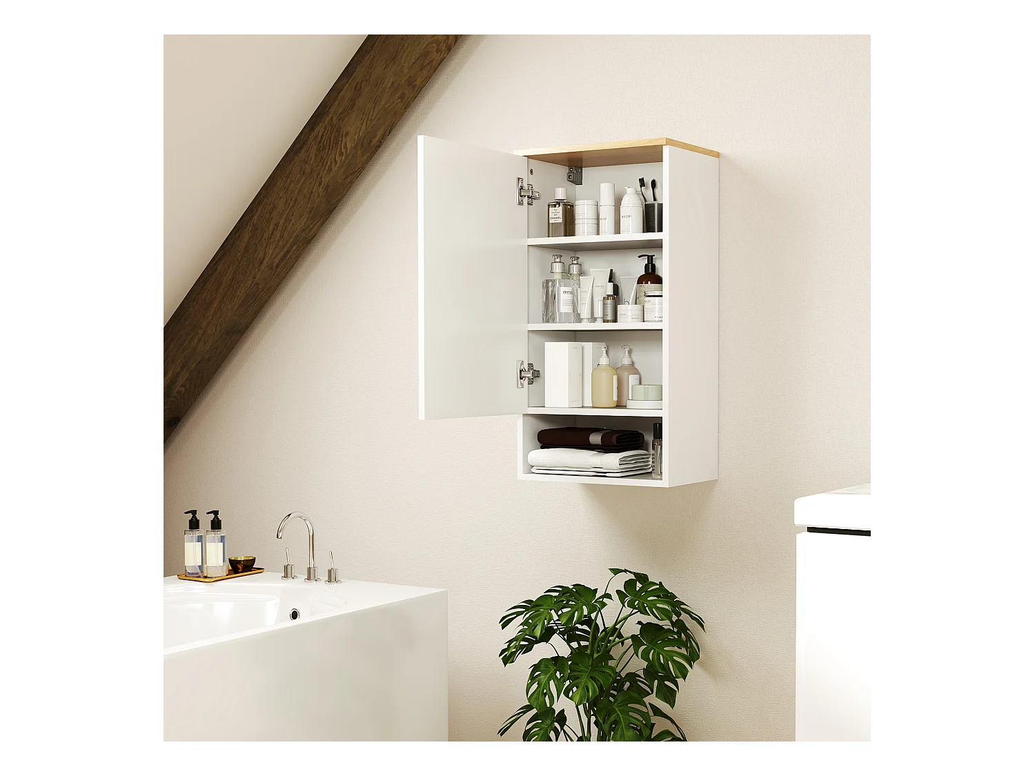 Armadietto bagno a parete con ripiano aperto in legno bianco