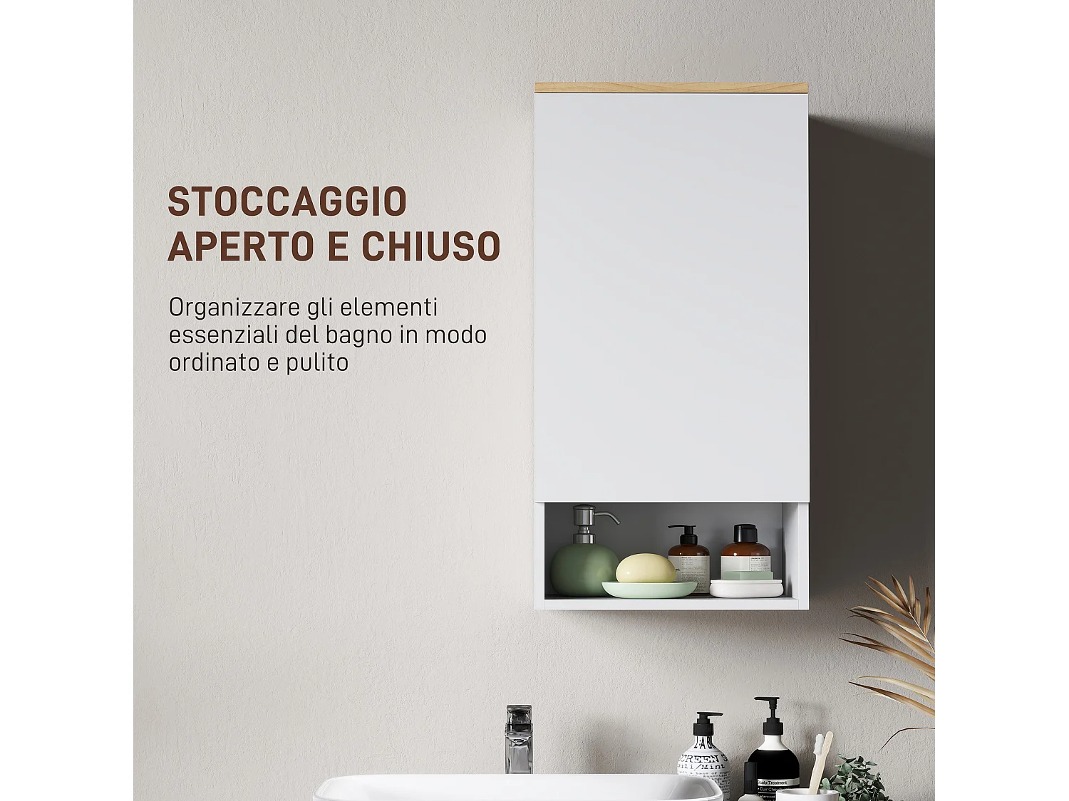 Armadietto bagno a parete con ripiano aperto in legno bianco