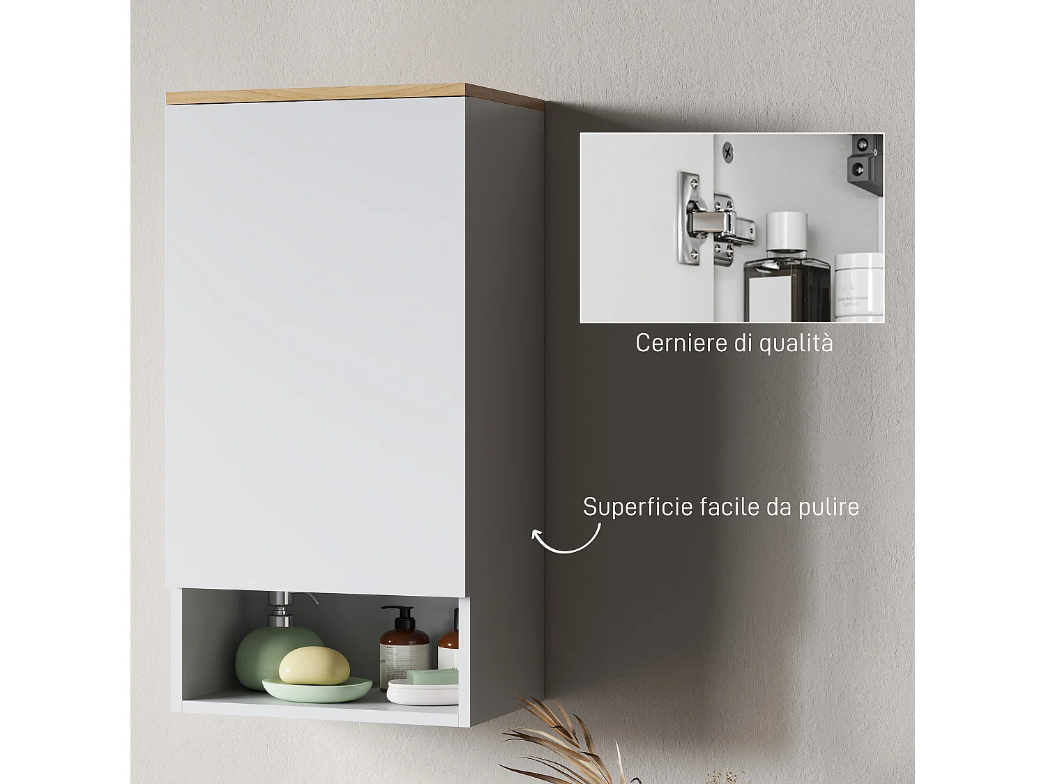 Armadietto bagno a parete con ripiano aperto in legno bianco