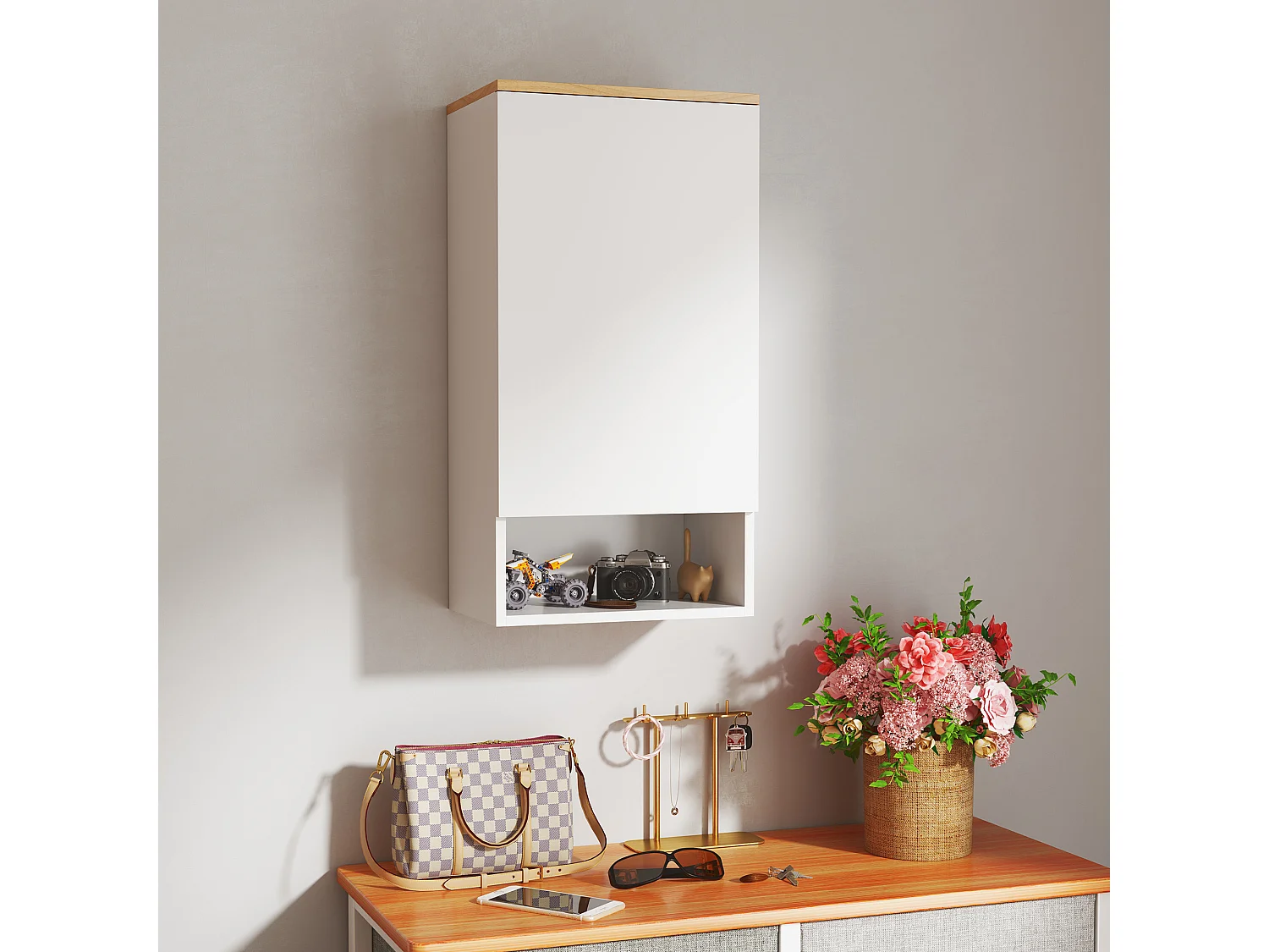 Armadietto bagno a parete con ripiano aperto in legno bianco