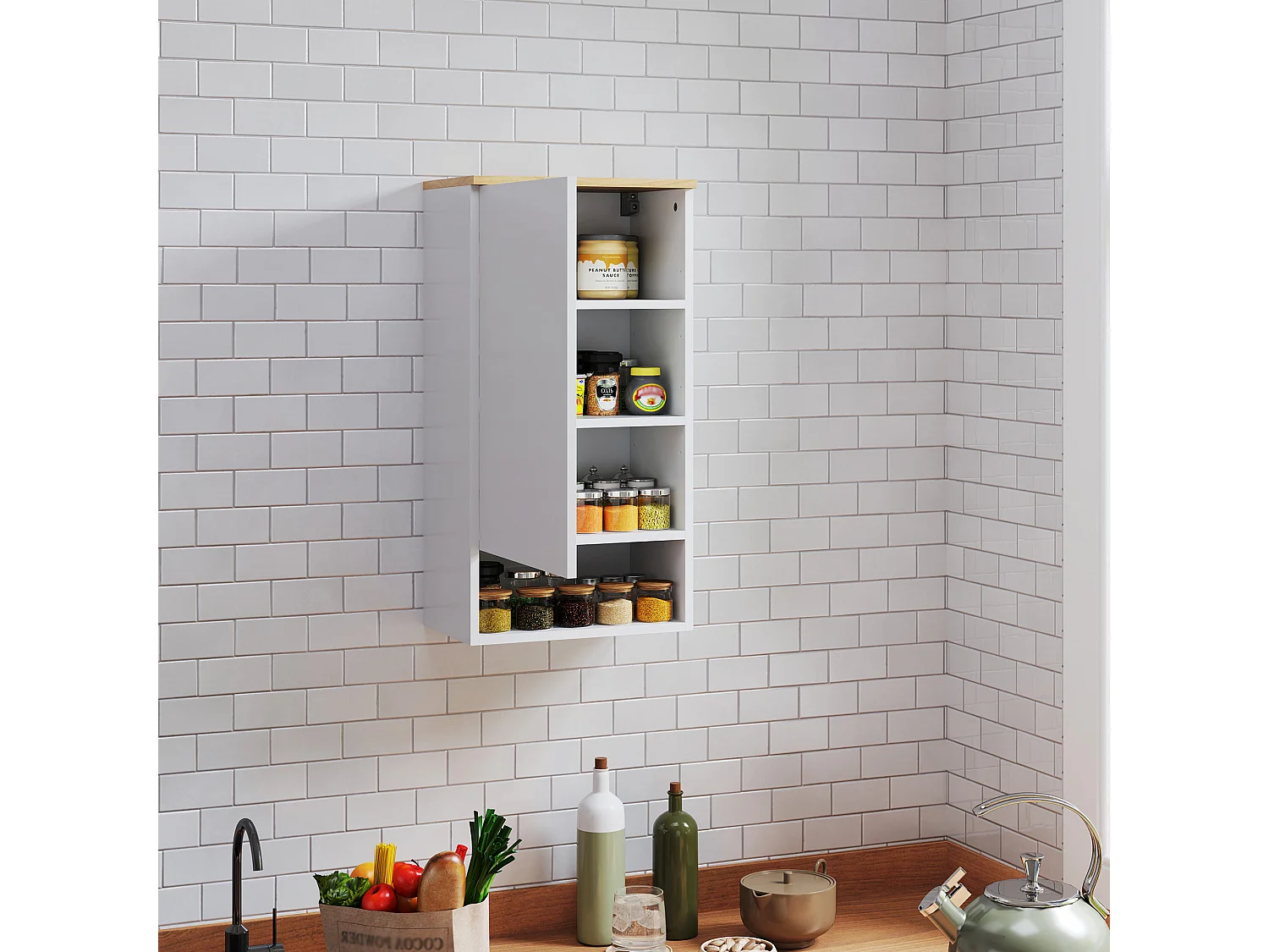 Armadietto bagno a parete con ripiano aperto in legno bianco