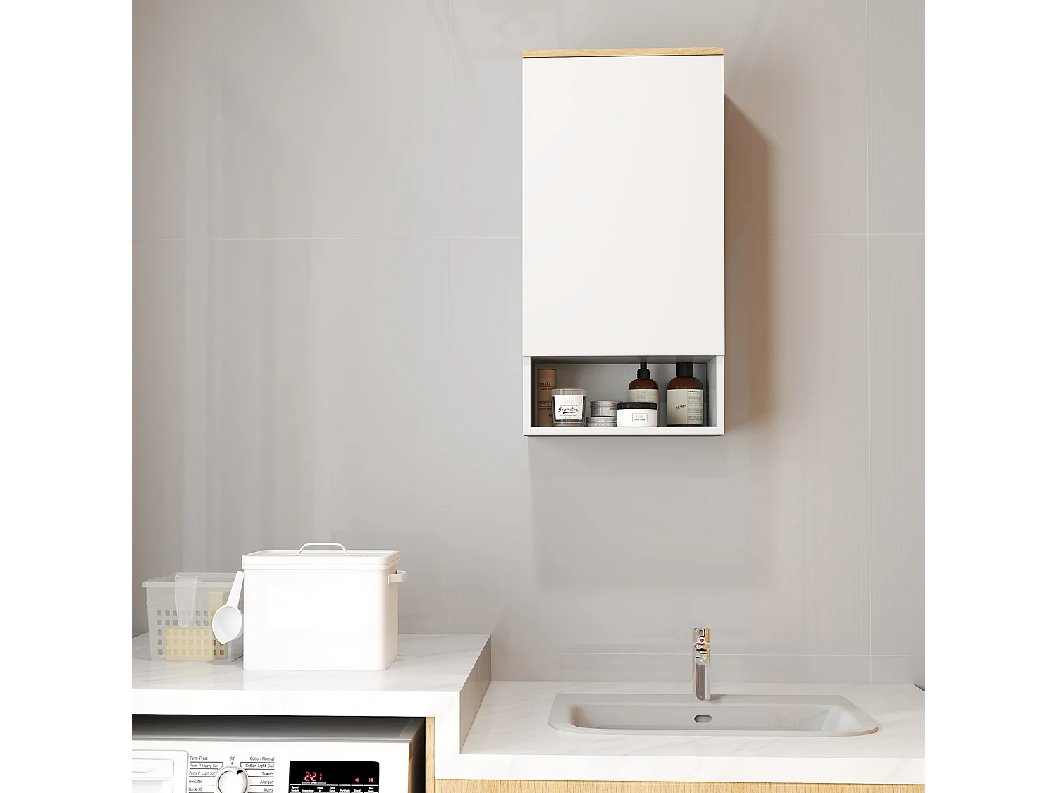 Armadietto bagno a parete con ripiano aperto in legno bianco