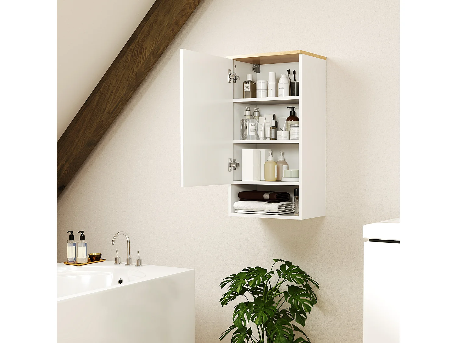 Armadietto bagno a parete con ripiano aperto in legno bianco