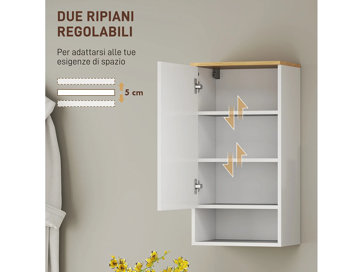 Armadietto bagno a parete con ripiano aperto in legno bianco