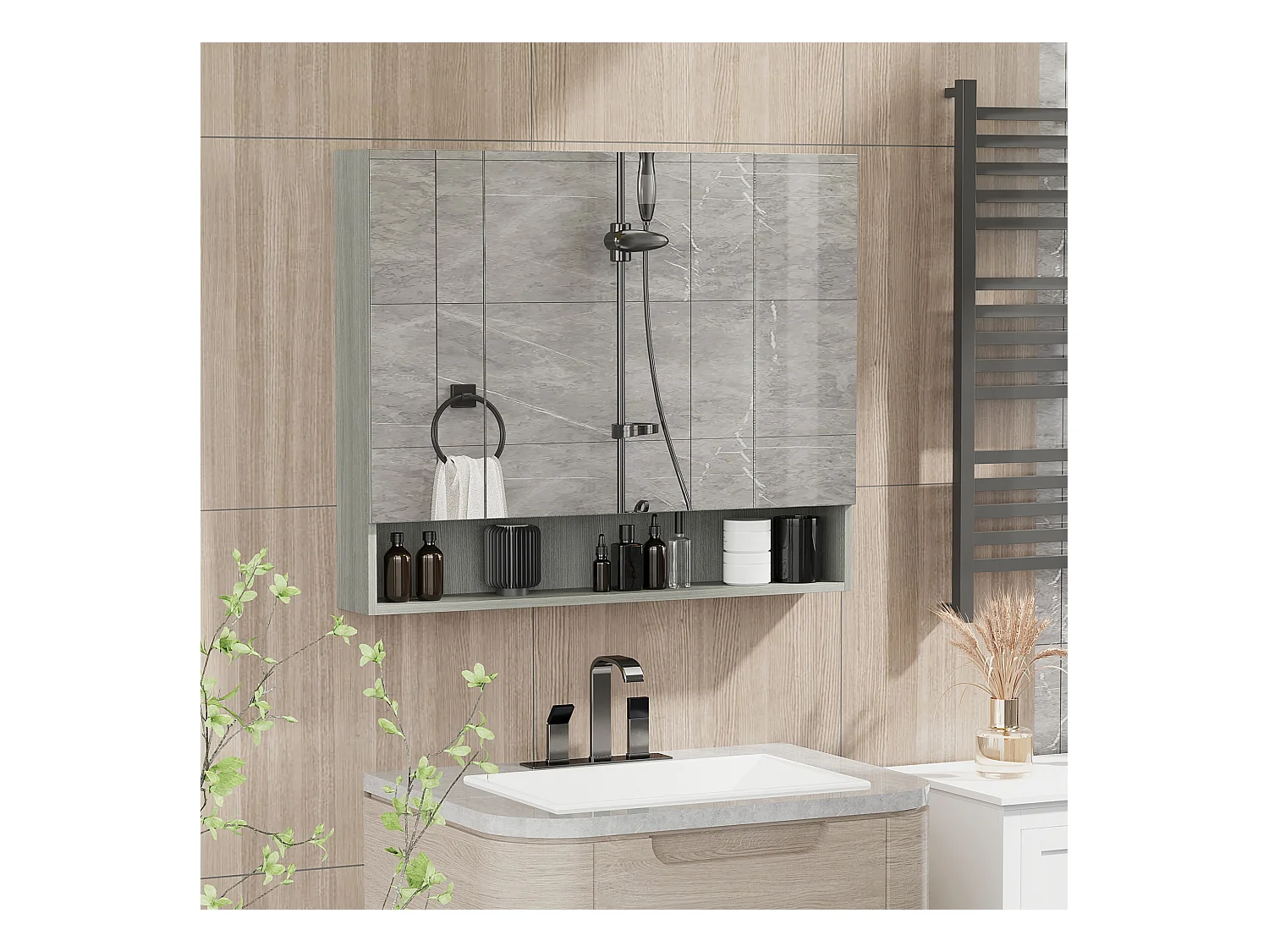 Armadietto con specchio a 4 sezioni con ripiani regolabili grigio