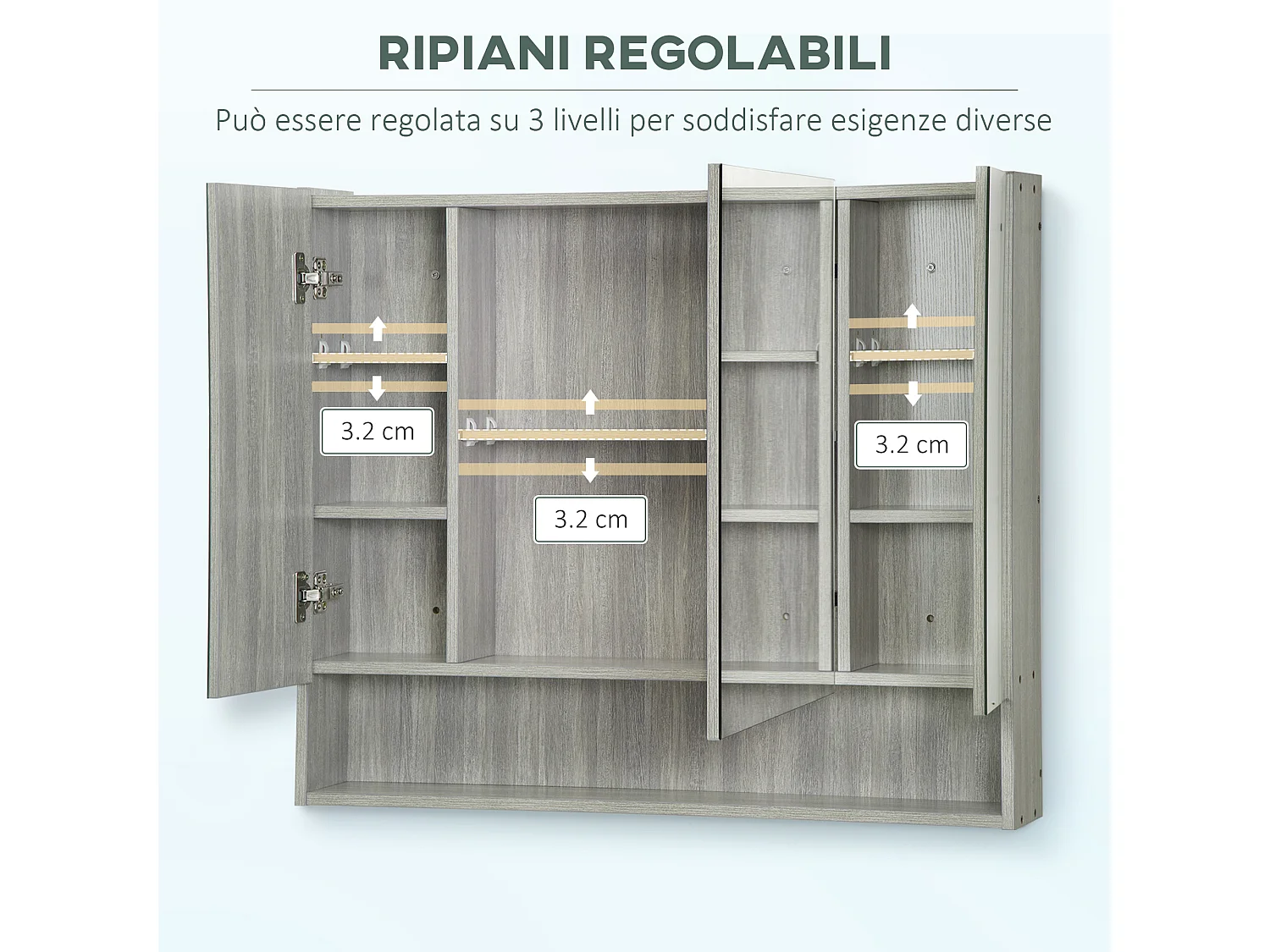 Armadietto con specchio a 4 sezioni con ripiani regolabili grigio