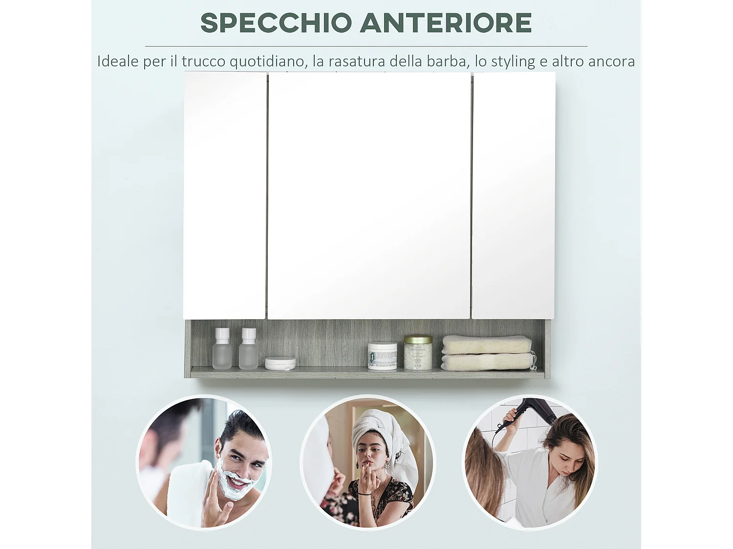 Armadietto con specchio a 4 sezioni con ripiani regolabili grigio