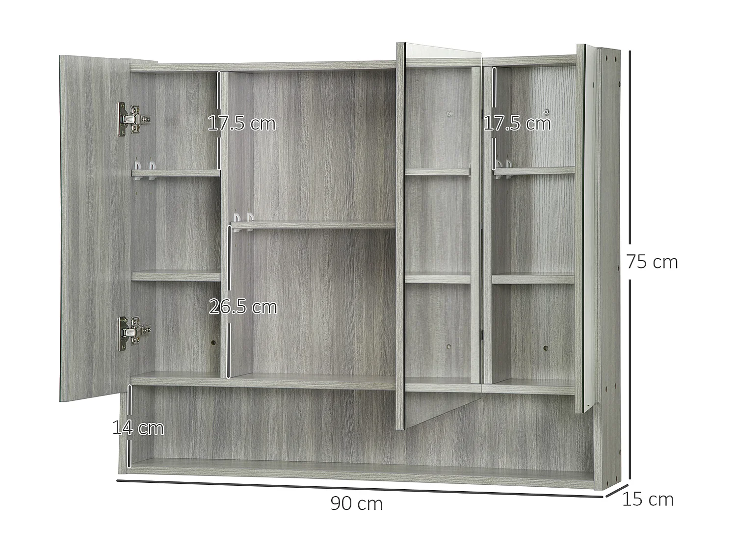 Armadietto con specchio a 4 sezioni con ripiani regolabili grigio