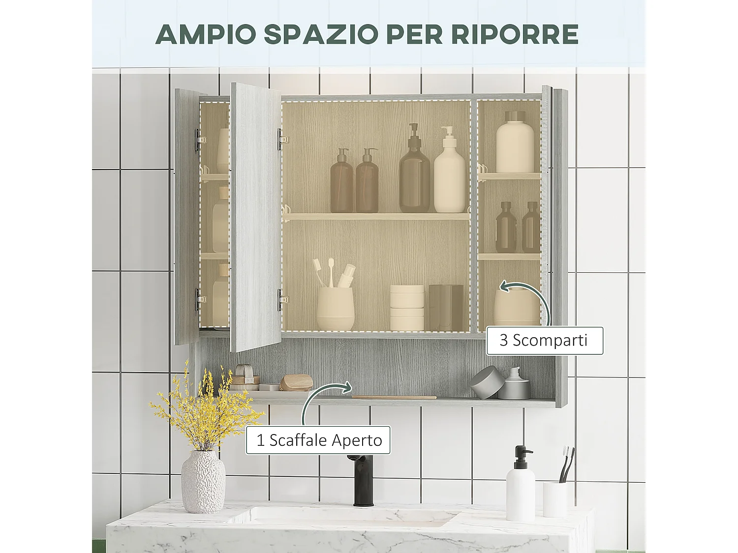 Armadietto con specchio a 4 sezioni con ripiani regolabili grigio