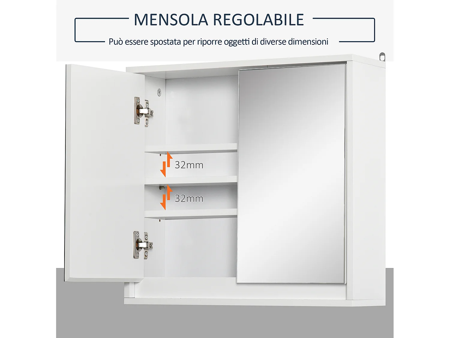 Armadietto bagno 2 ante con specchi e ripiano regolabile in mdf bianco