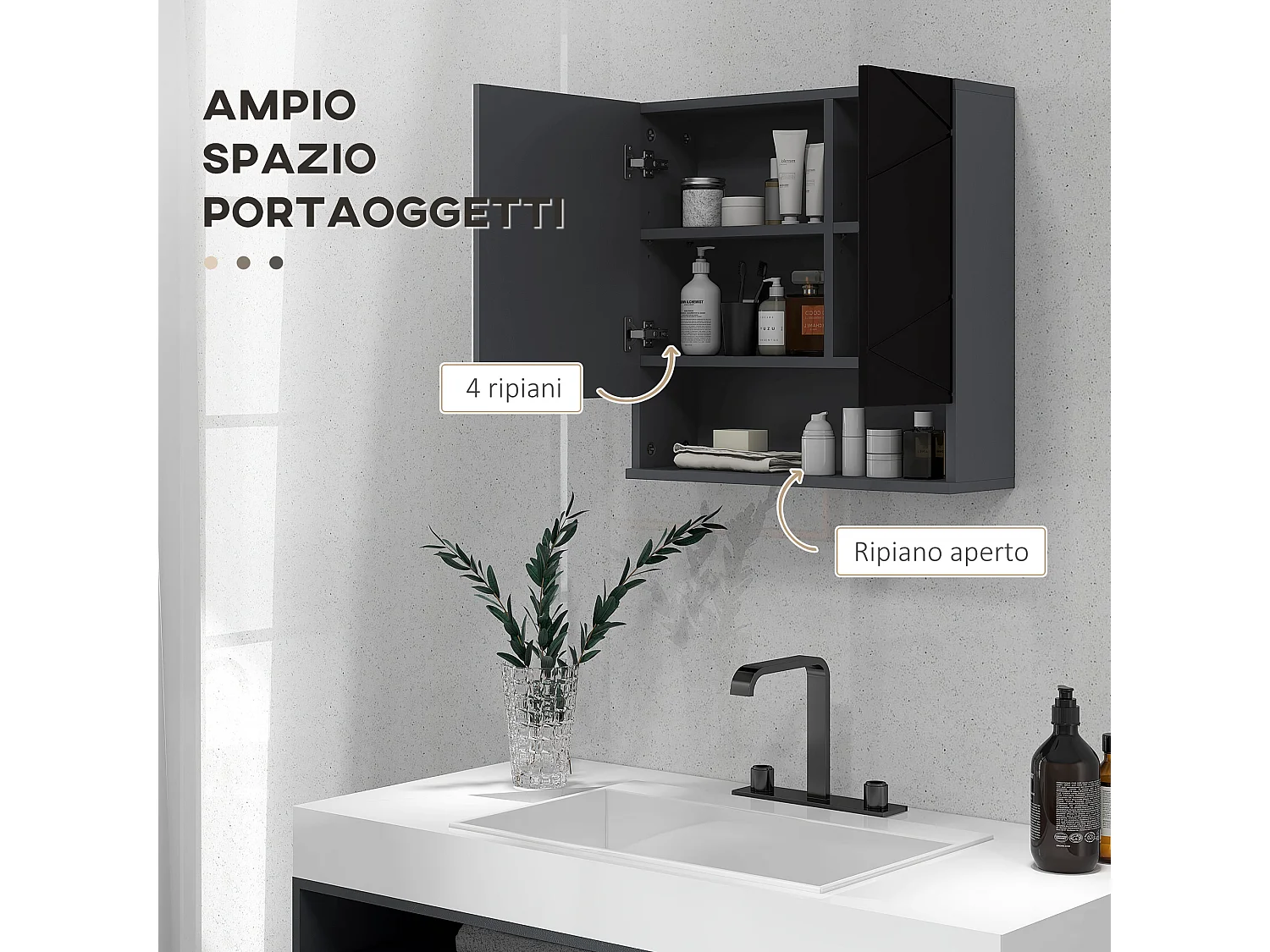 Armadietto bagno 2 ante con specchio e mensole nero