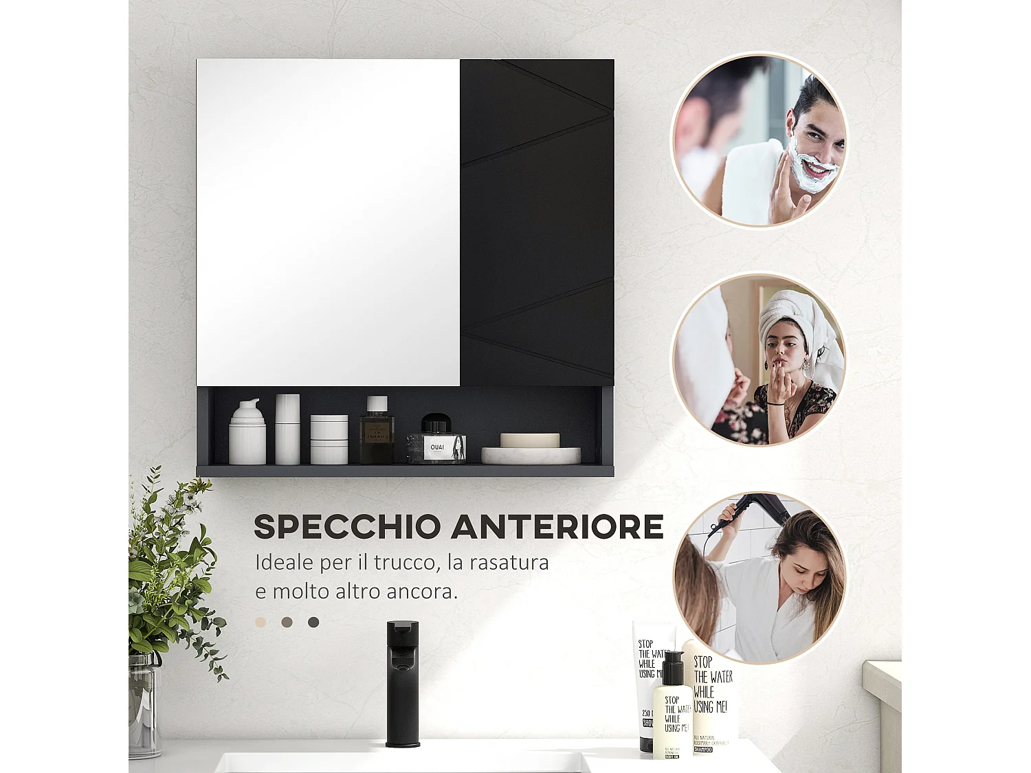 Armadietto bagno 2 ante con specchio e mensole nero