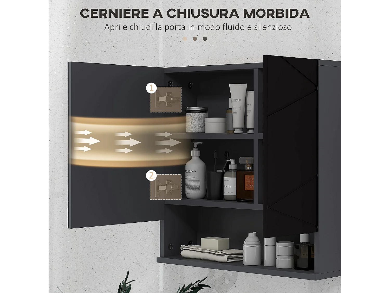 Armadietto bagno 2 ante con specchio e mensole nero