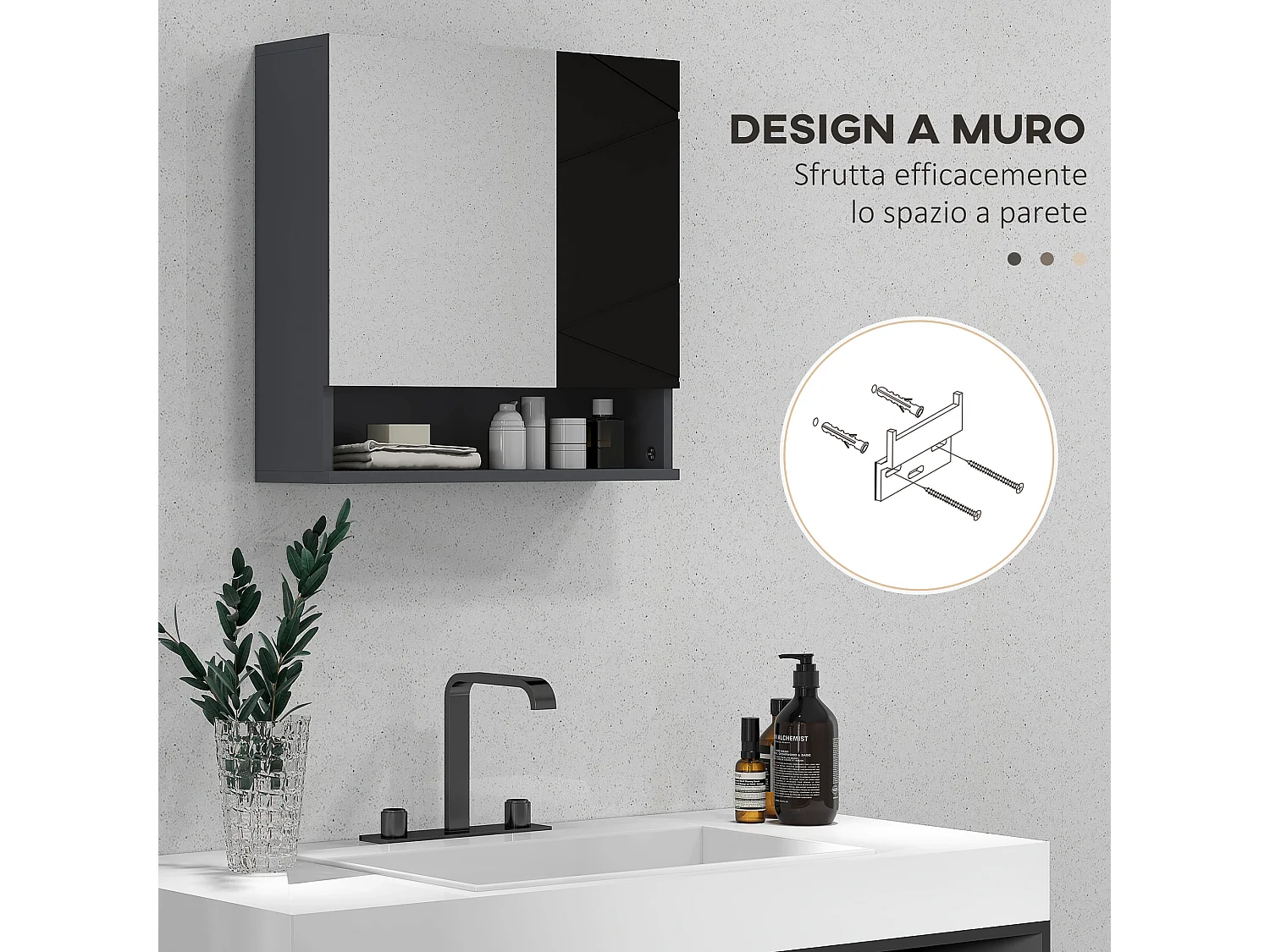 Armadietto bagno 2 ante con specchio e mensole nero