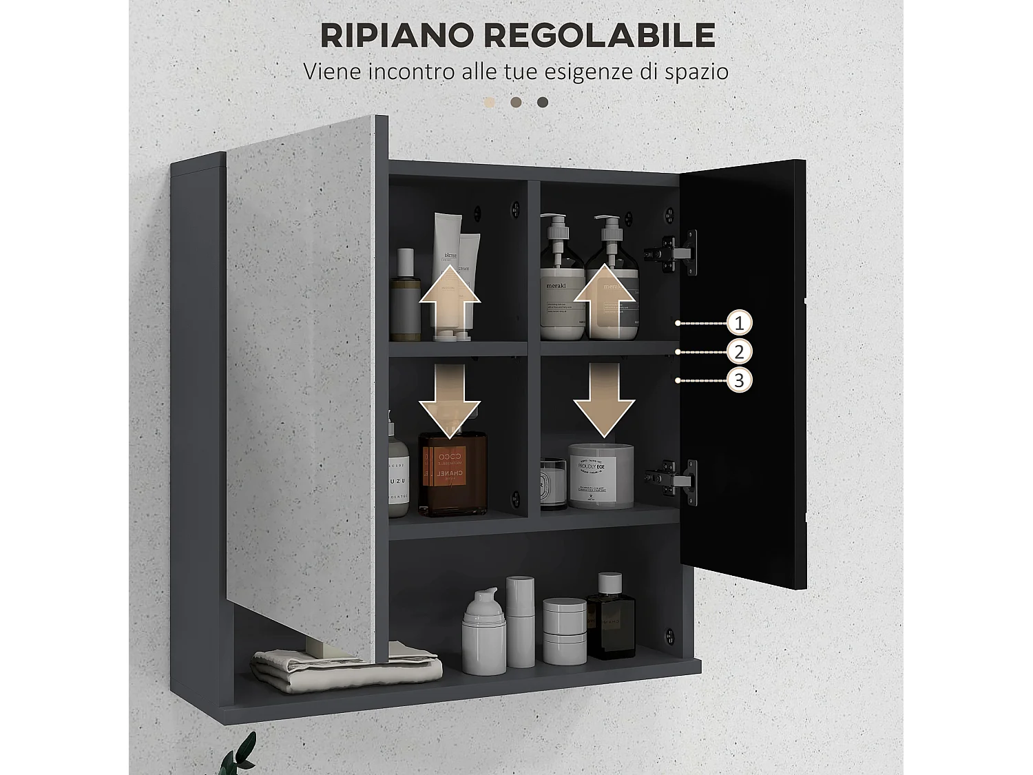 Armadietto bagno 2 ante con specchio e mensole nero