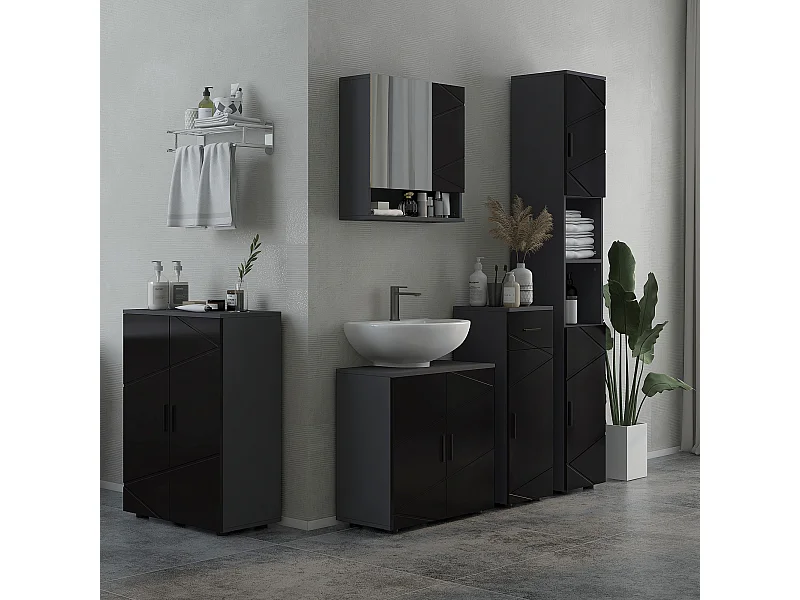 Armadietto bagno 2 ante con specchio e mensole nero