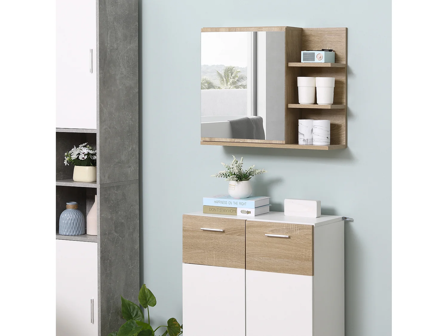 Specchiera bagno a muro con anta 3 ripiani laterali in legno