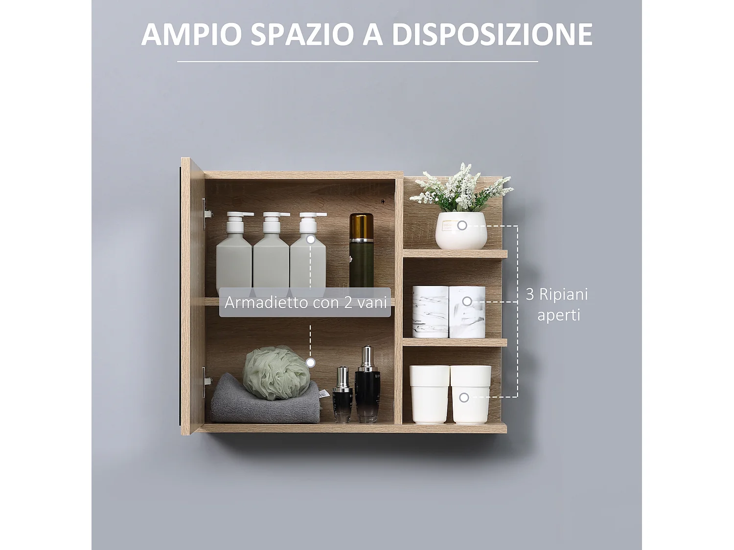 Specchiera bagno a muro con anta 3 ripiani laterali in legno