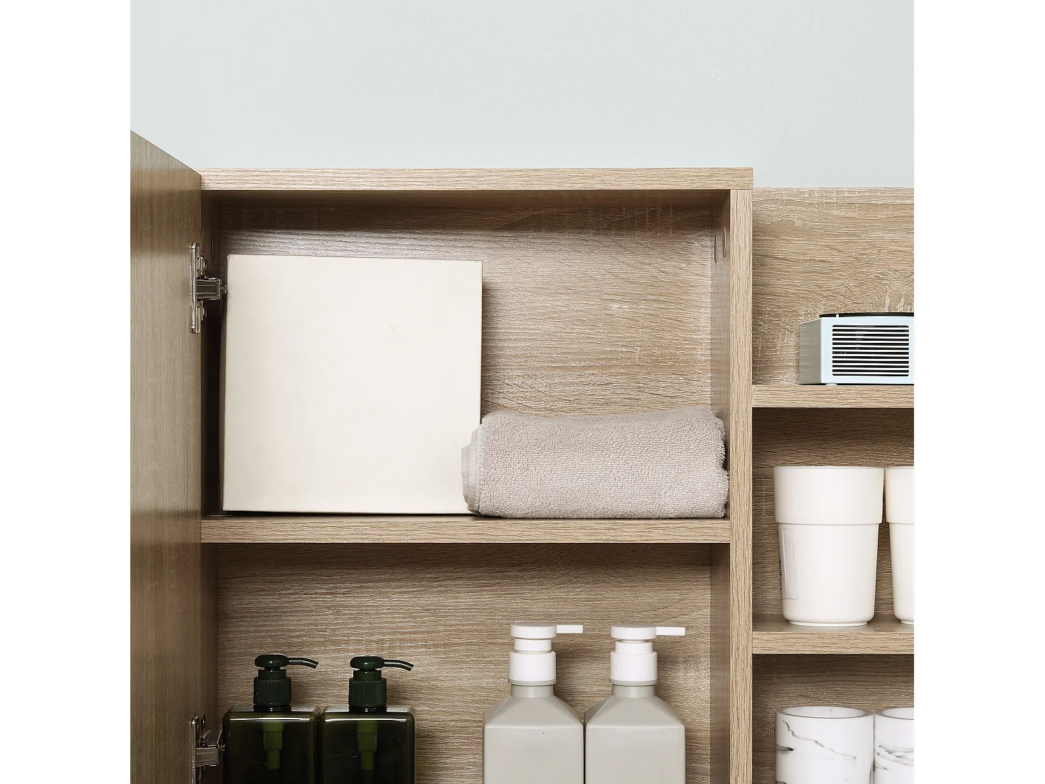 Specchiera bagno a muro con anta 3 ripiani laterali in legno