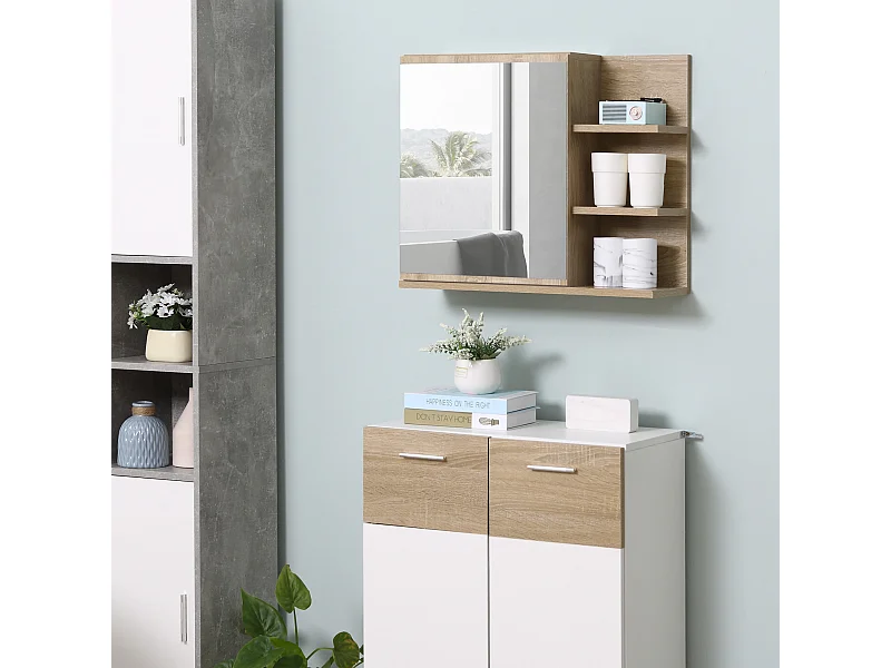 Specchiera bagno a muro con anta 3 ripiani laterali in legno