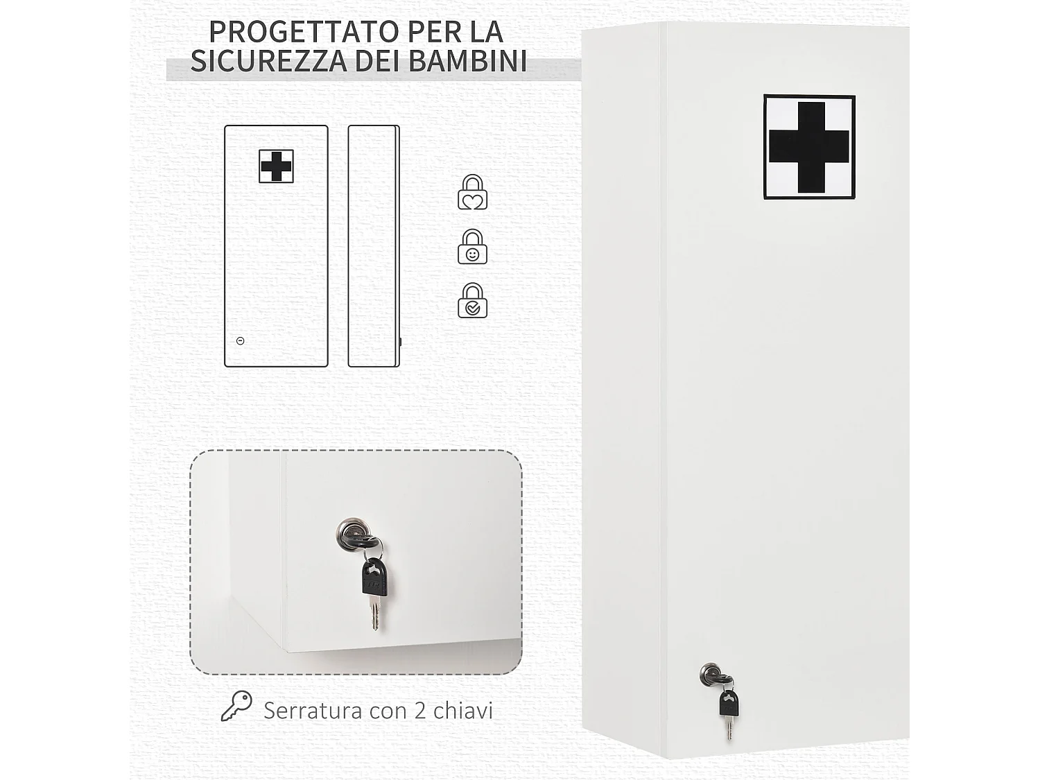 Armadietto medicinali con serratura e 5 ripiani regolabili