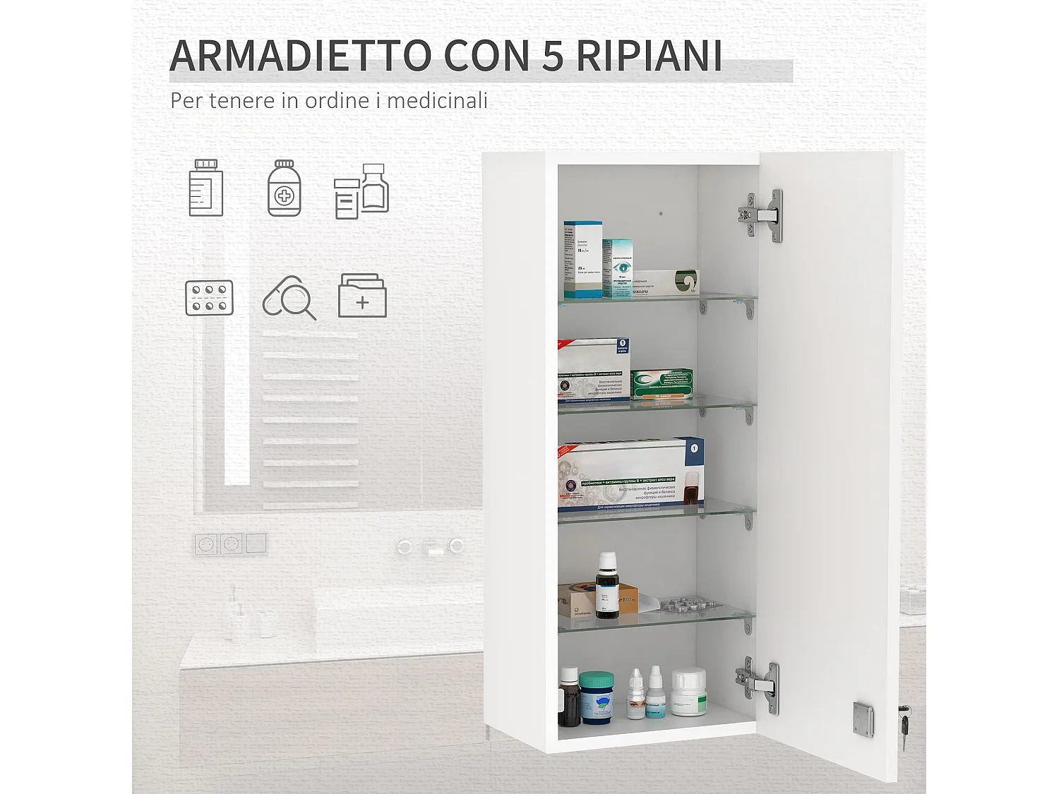 Armadietto medicinali con serratura e 5 ripiani regolabili