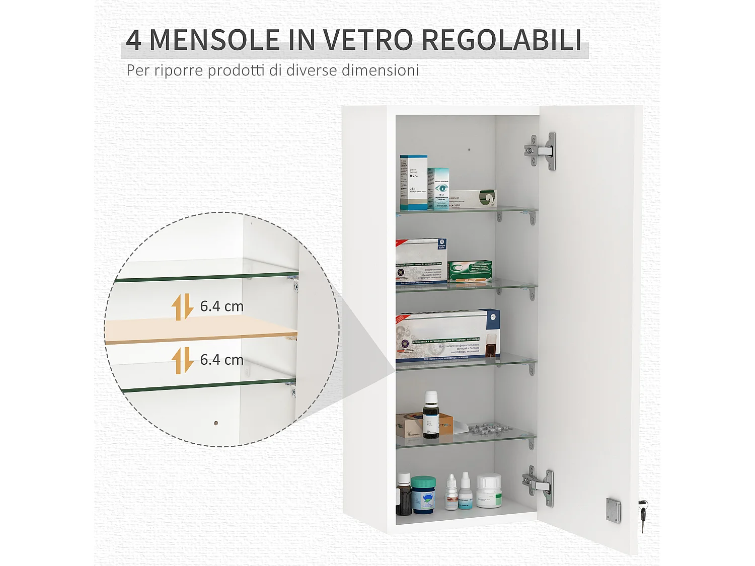 Armadietto medicinali con serratura e 5 ripiani regolabili