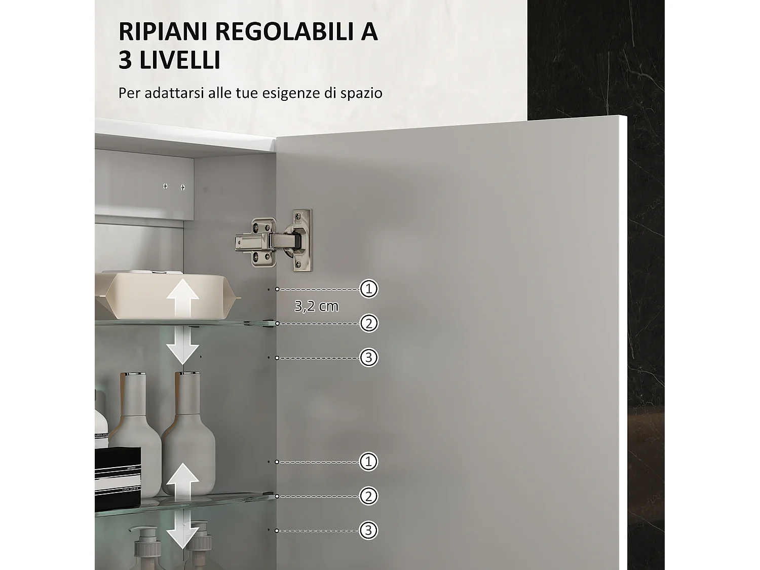 Armadietto bagno da parete bianco con 3 ripiani regolabili in vetro