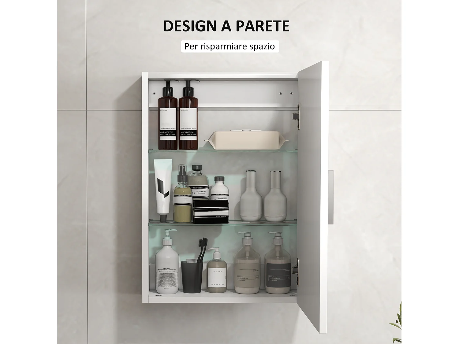 Armadietto bagno da parete bianco con 3 ripiani regolabili in vetro