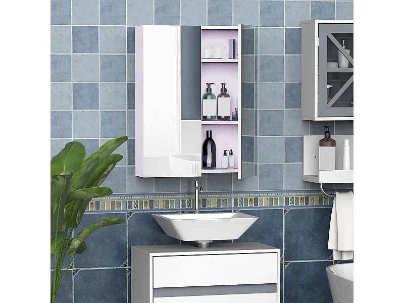 Armadietto pensile da bagno 2 ante con specchiera e ripiani mdf bianco