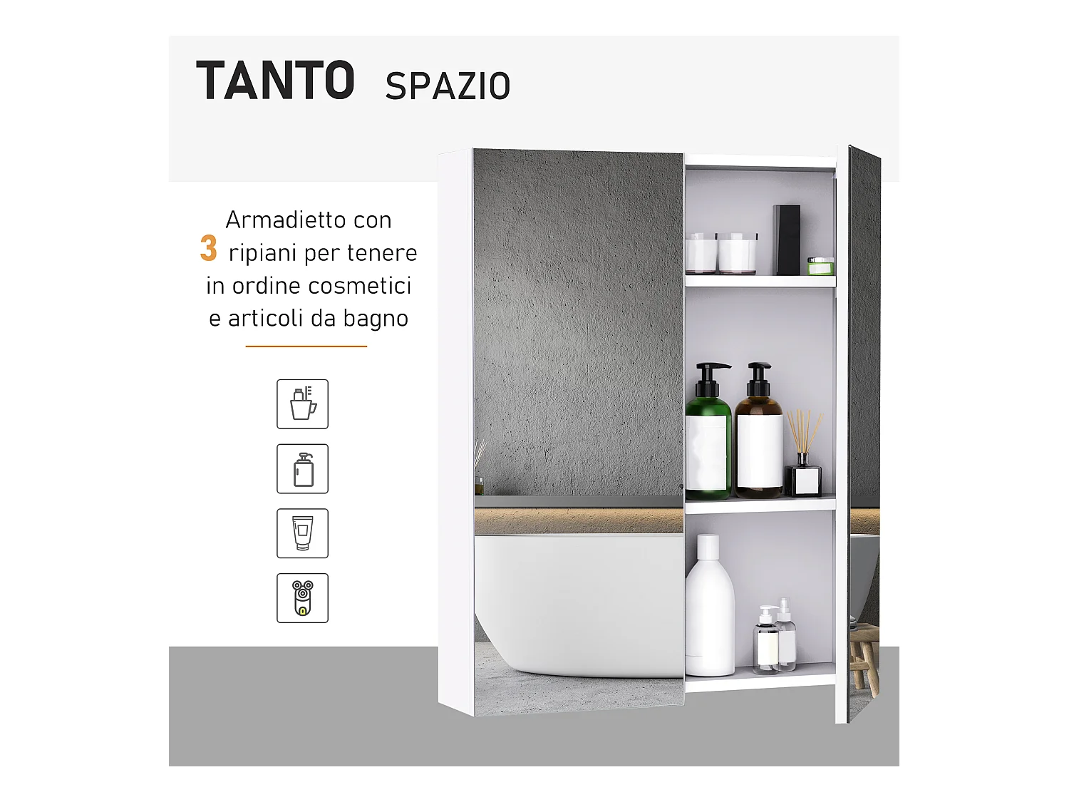 Armadietto pensile da bagno 2 ante con specchiera e ripiani mdf bianco