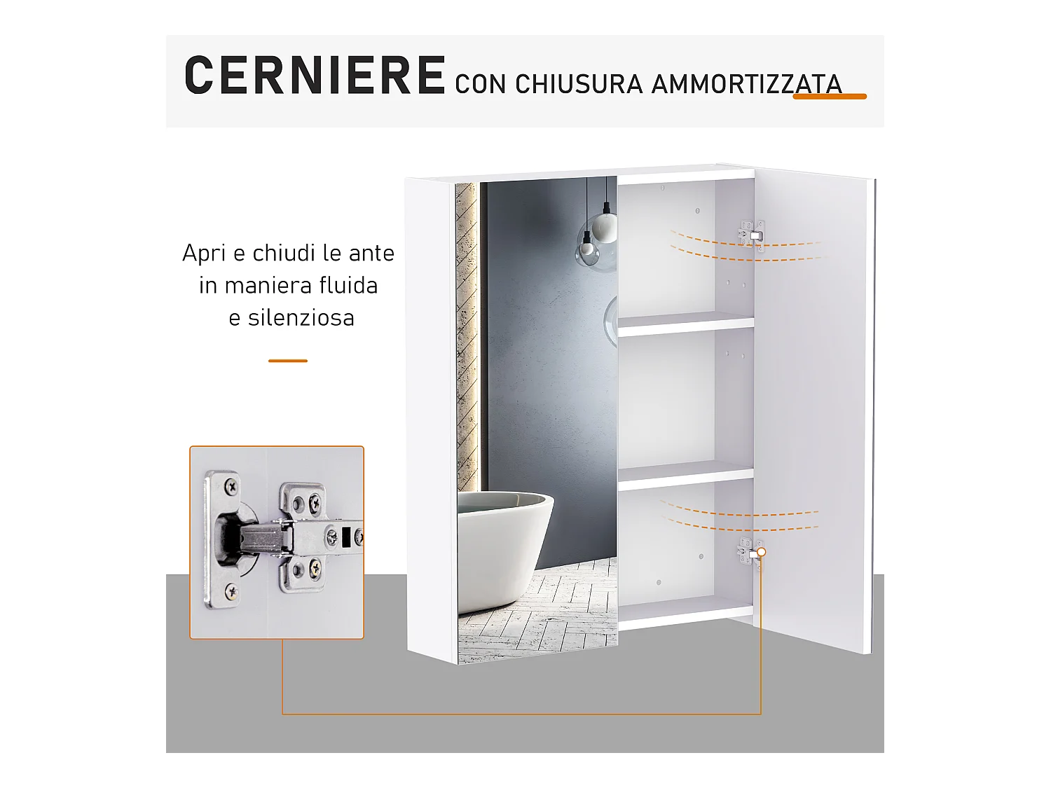 Armadietto pensile da bagno 2 ante con specchiera e ripiani mdf bianco