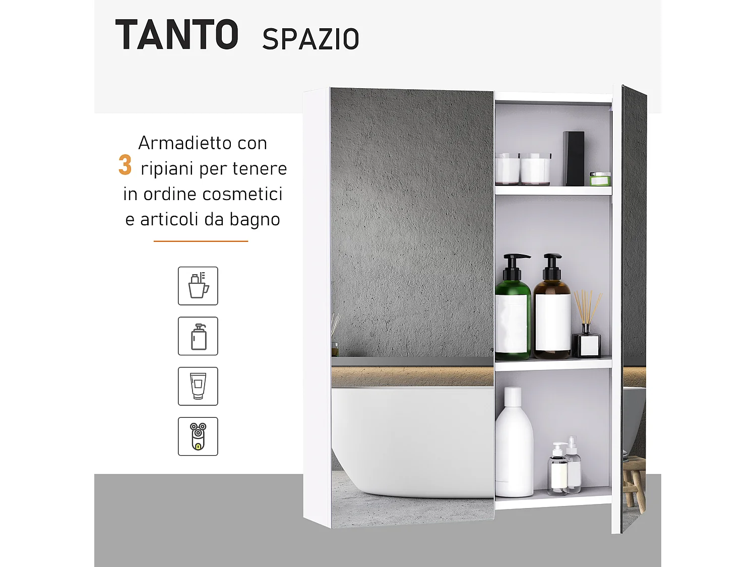 Armadietto pensile da bagno 2 ante con specchiera e ripiani mdf bianco