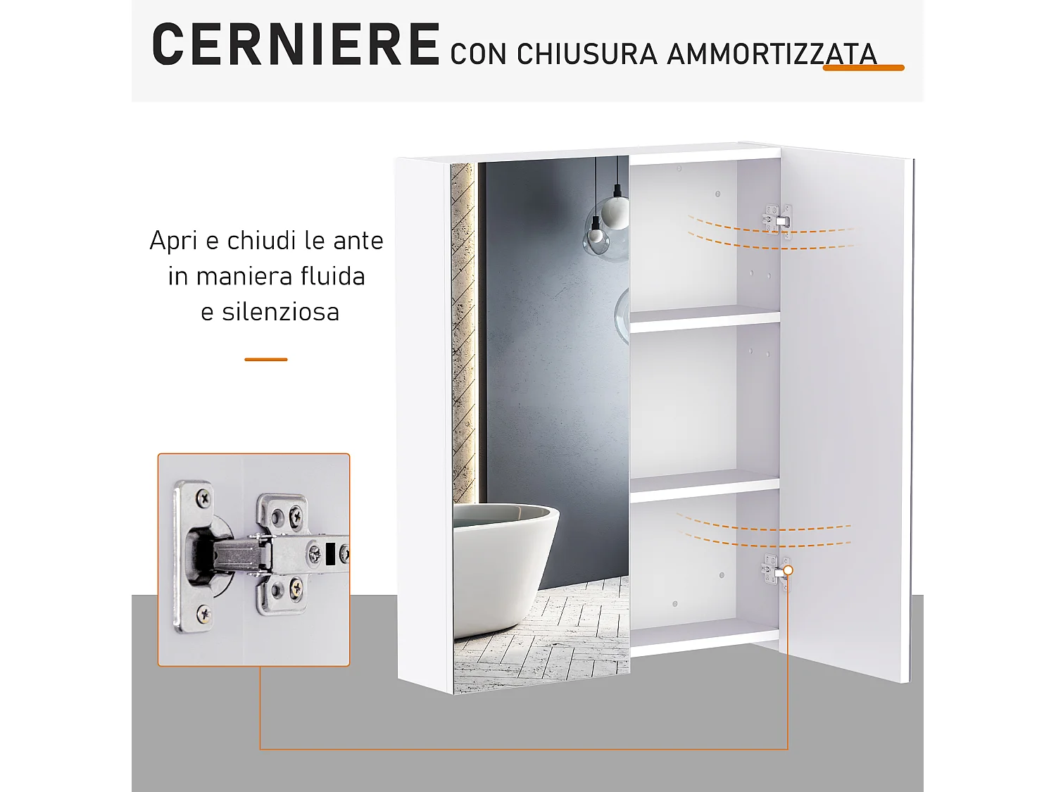 Armadietto pensile da bagno 2 ante con specchiera e ripiani mdf bianco