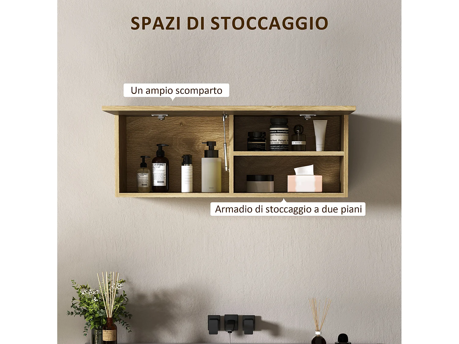 Mobile bagno pensile sospeso con anta a ribalta 80x25x30 cm legno