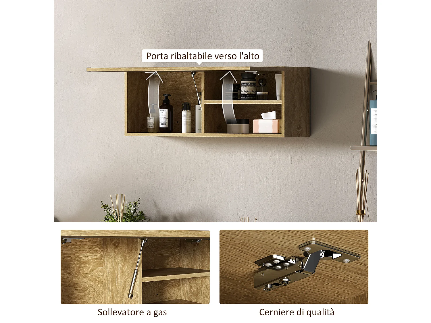 Mobile bagno pensile sospeso con anta a ribalta 80x25x30 cm legno