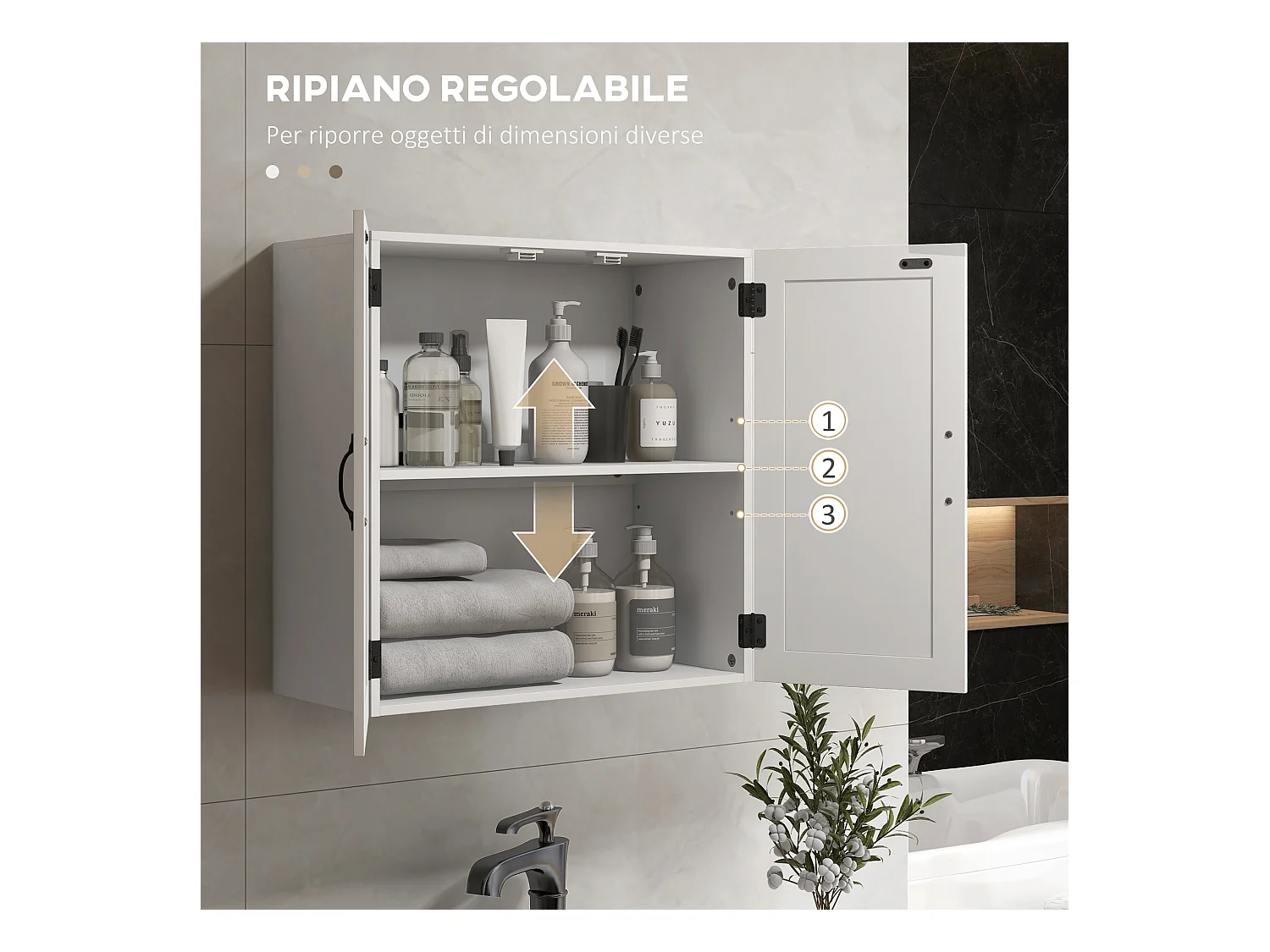 Pensile bagno stile country con ripiano regolabile bianco