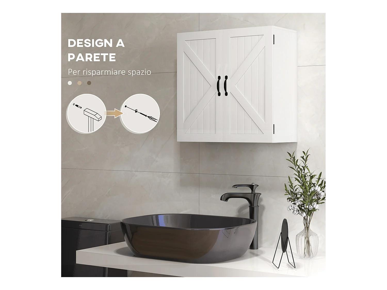 Pensile bagno stile country con ripiano regolabile bianco