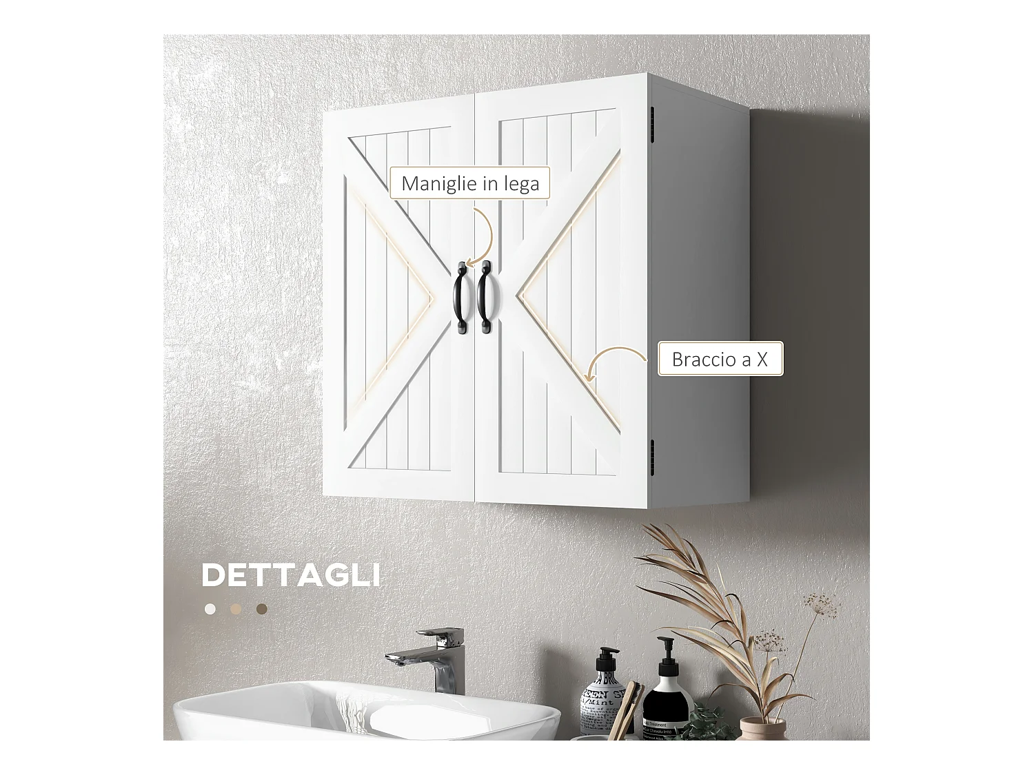 Pensile bagno stile country con ripiano regolabile bianco