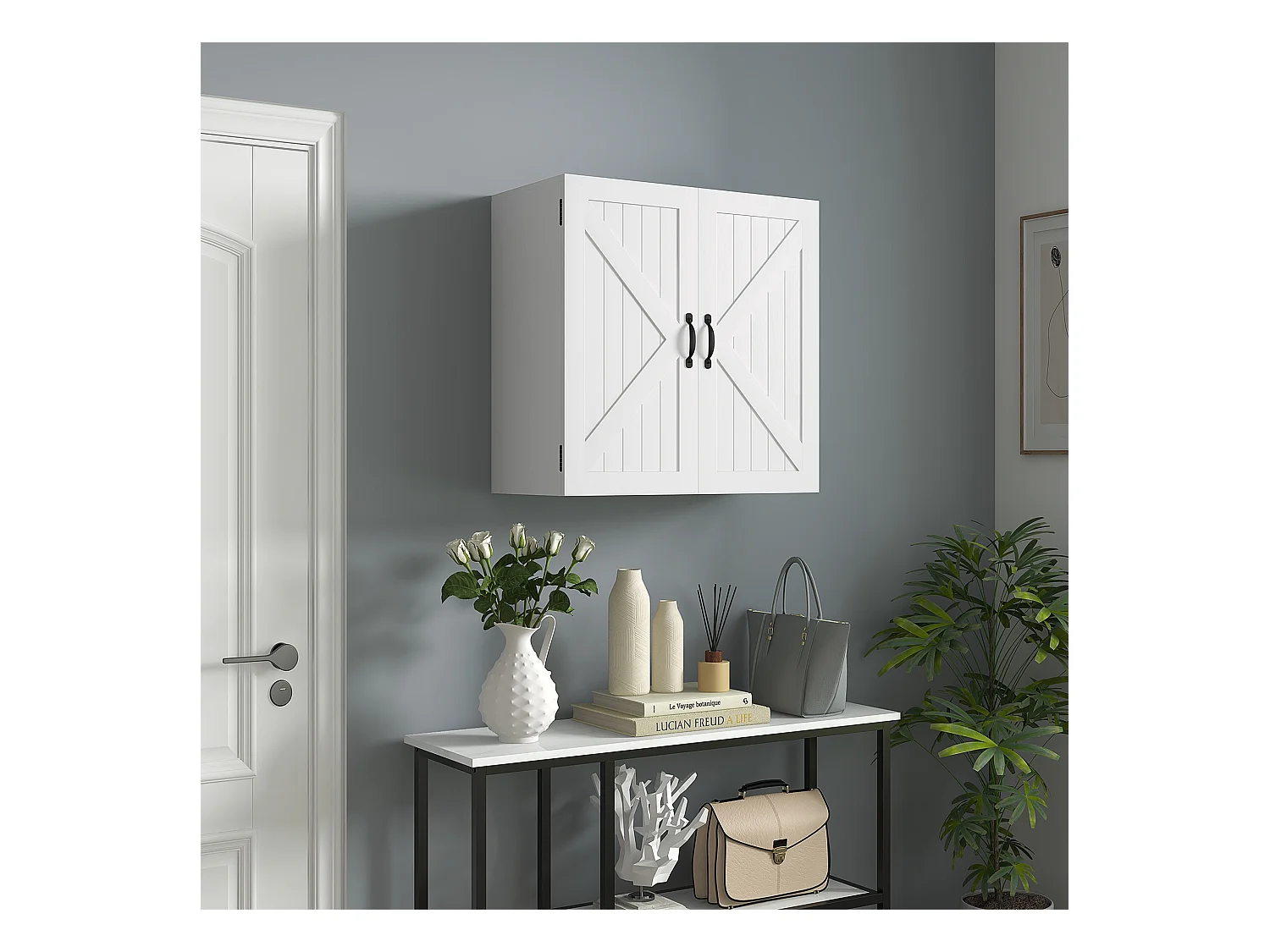 Pensile bagno stile country con ripiano regolabile bianco