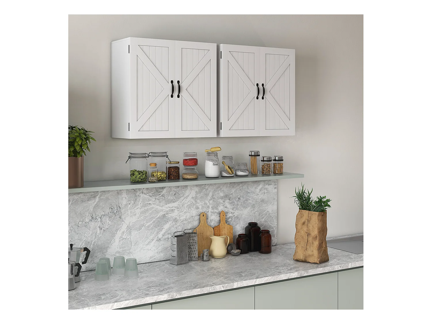 Pensile bagno stile country con ripiano regolabile bianco