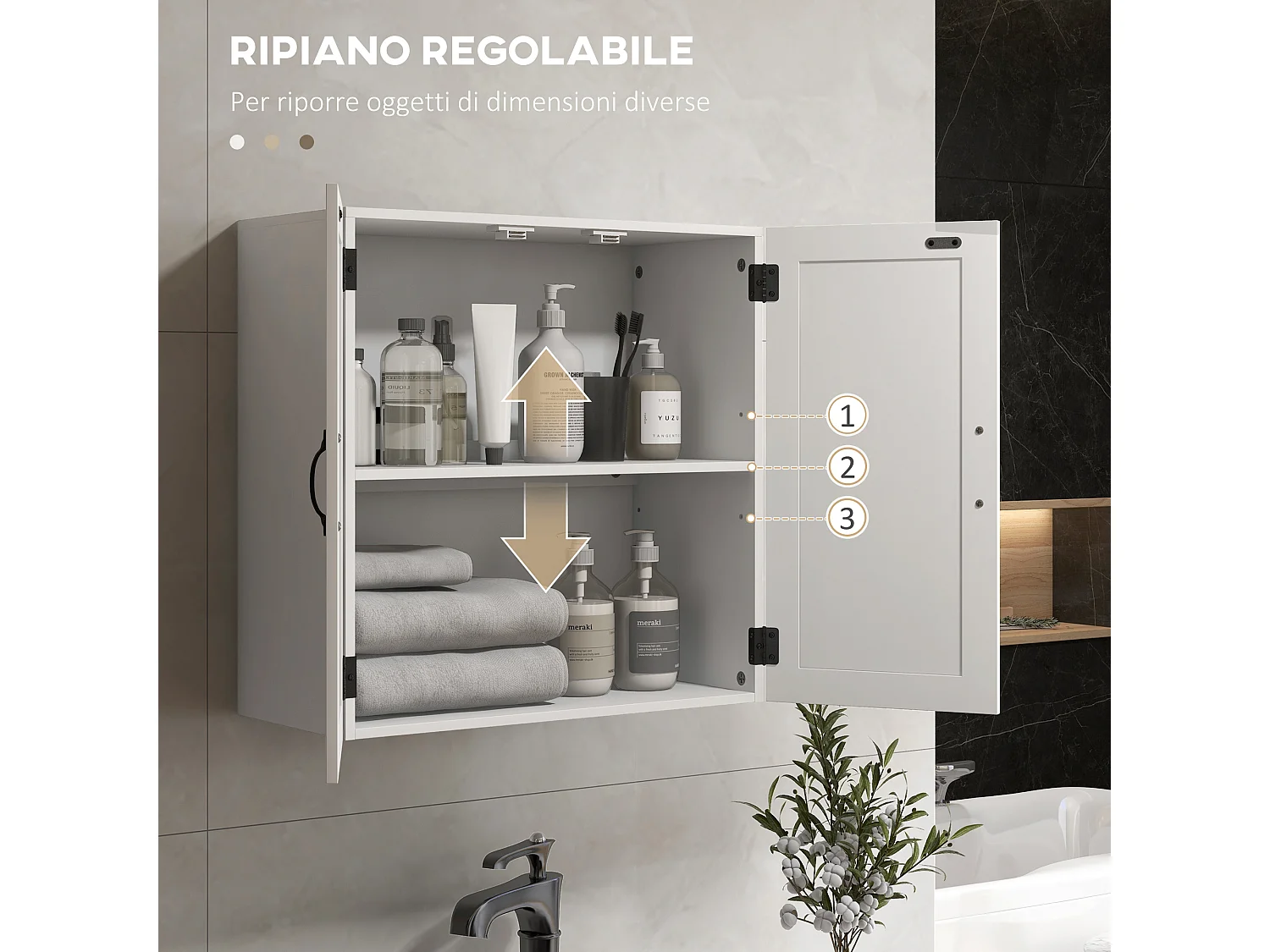 Pensile bagno stile country con ripiano regolabile bianco