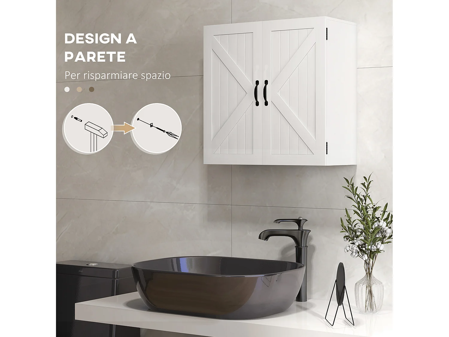 Pensile bagno stile country con ripiano regolabile bianco