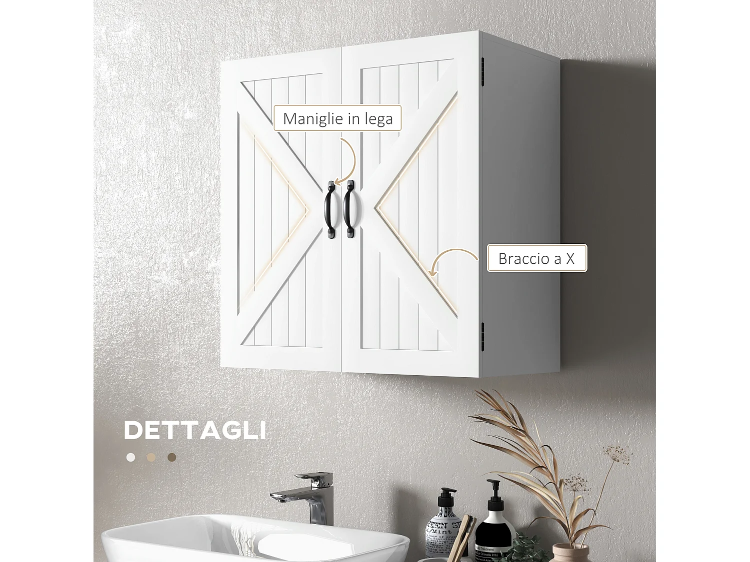 Pensile bagno stile country con ripiano regolabile bianco